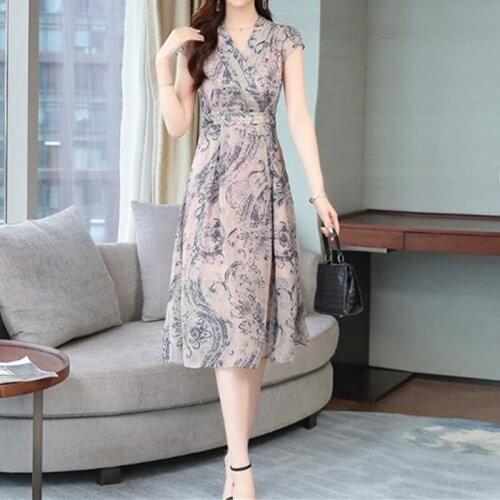 High Qualily V Neck Print Loose Dresses Short Sleeve Print chiffon dress summer womens new Casual Large Size Midi Dress