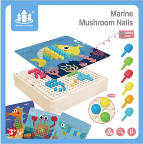 4 Colors Childrens Wooden Mushroom Nail Intelligent Puzzle Game Storage Box Nail Board Puzzle DIY Puzzle Toys For Kids Gift