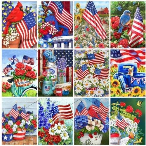 5D Diamond Embroidery Flower Animals Diamond Painting American Flag Full Square Drill Mosaic Bird Bicycle Landscape Needlework