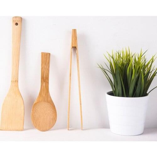 Non-Stick Bamboo Cooking Tool Eco-Friendly Natural Wood Long Handle Turner No Paint Rice Spoon Bread/Salad Clamp Tableware Set