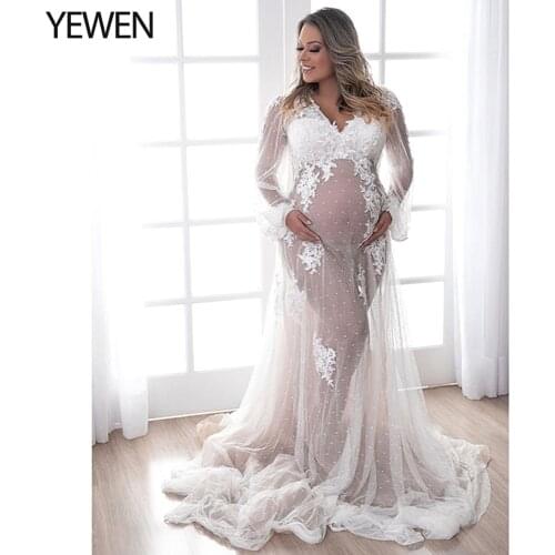 White Lace Maternity Dress Long Sleeves Maternity Dress for Photo Shoot Baby Shower Pregnancy Gown YEWEN 2021