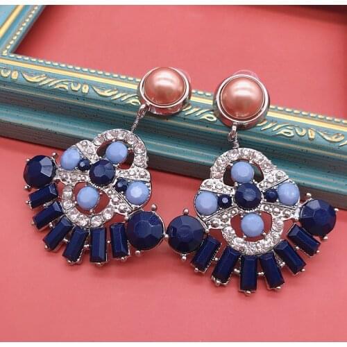 Statement Earrings Stud Fan Shape Navy Blue Rhinestone Party Accessories Mujer Modern