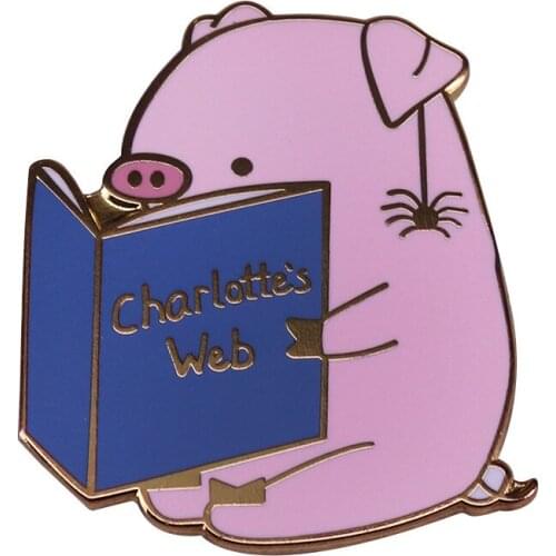 HOSENG Pink Pig Reading Book Comedy Movie Brooch Piggy Friendship Badge Cute Lapel Backpack Enamel Animals Gift Pin HS_605