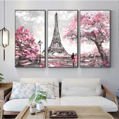 Love in Paris Tower Black And Pink Wall Art Canvas Paintings Posters Landscape 3 Panels Modular Pictures Prints Room Decor