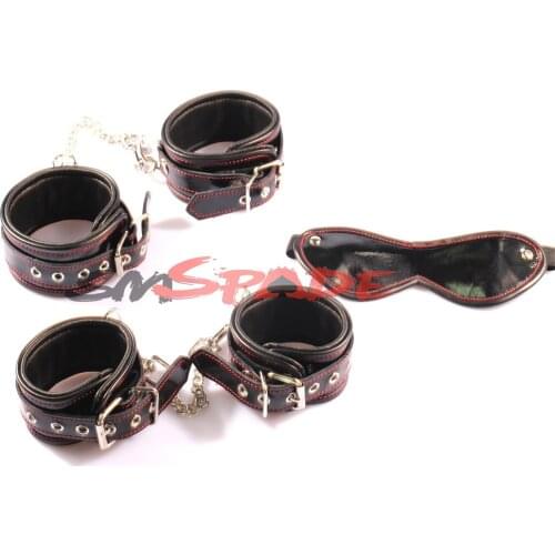 Sex bondage restraints kit:handcuffs,blindfold,real leather sex restraint kit for couples,shining leather adjustable wrist cuffs