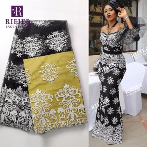 Black African Beaded & Stones Lace For Wedding French Lace Fabric 2019 High Quality Net Lace Nigerian Guipure Tulle Lace Fabrics
