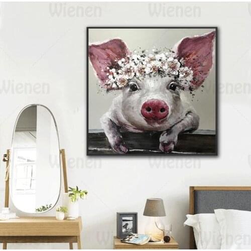 Cute Garland Piggy Hand-Painted Wall Pictures Square Posters and Prints Canvas Painting Home Decor Nursery Baby Bedroom Wall Art