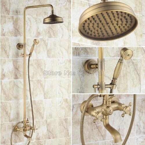 Wall Mounted Antique Brass Bathroom Dual Handles Clawfoot Bathtub Mixer Tap Rain Shower Faucet Set + Handheld Shower Head Wrs046