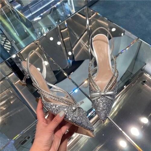 New Sequined Rhinestone Bow Wedding Shoes Silver High-heeled Shoes Women‘s Thin Heels with Sexy Baotou Sandals Female Summer W