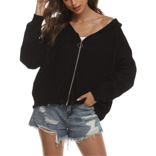 Novel New Women Autumn hooded Zippers Sweaters Jacket Slim Knit Solid Coat Cardigan Sweater Outwear Irregular Loose Sweater