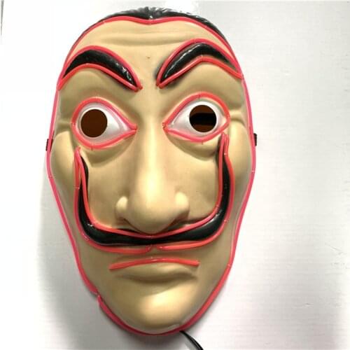 New EL Neon LED Dali Mask Halloween Mask EL Wire Glow Cosplay Dali Mask Payday Night Club Decor Carnival Light Up EL Masks