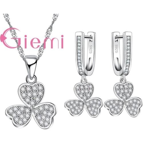 Charm Trendy 3 leaf grass Shape Shiny Jewelry Sets Pretty Good Silver Women Accessories Pendant Necklace Hoop Earrings