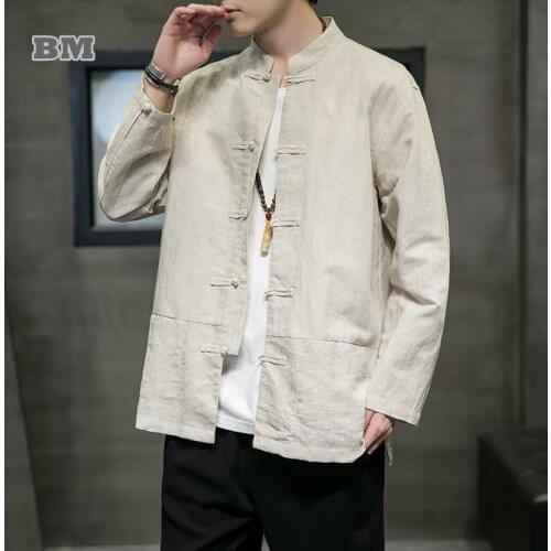 Spring Autumn Chinese Style Linen Cotton Shirt Tai Chi Kung Fu Long Sleeve Jacket Men Clothing Harajuku Plus Size Casual Coat