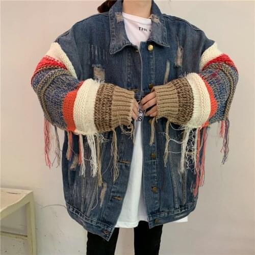 Patchwork Knitting Sleeve Denim Jackets For Women Ripped Hole Tassel Female Jacket 2020 spring Autumn Fashion Tide Overalls Top