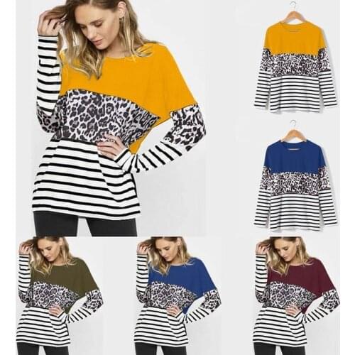 Plus Size Cotton Striped Leopard Blouse Women Casual O Neck Long Sleeve Top Color Block Tunic Womens Shirts Elegant Blouse