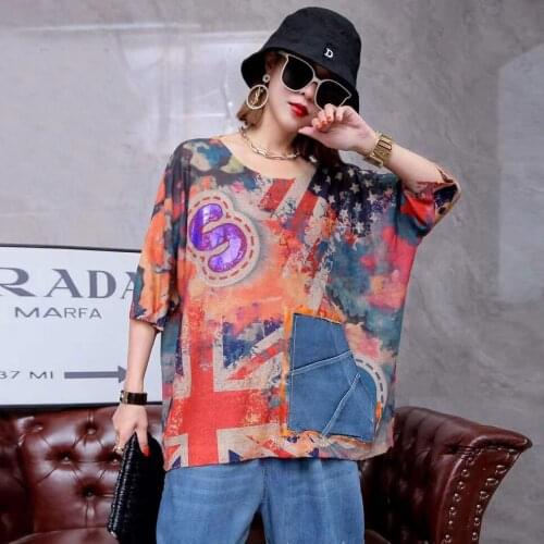 2121 New Summer Short Sleeve Knitted T-shirt Vintage European Pullover Women Print Streetwear Style Oversized Women Tops