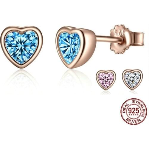 Pure 925 Sterling Silver Hear Stud Earrings for women Children,sterling silver 925 Blue CZ Female Brincos Fine baby Jewelry