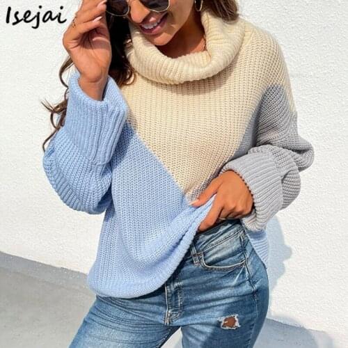 Block Color Turtleneck Pullover Woman Sweater Patchwork Pullovers Women Loose Autumn Winter Jumper