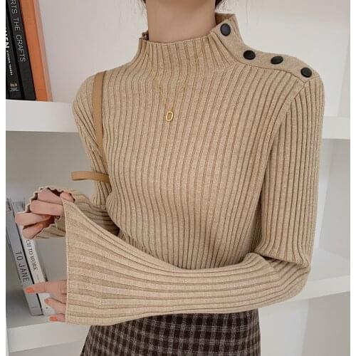 Harteen Spring Autumn 2021 New Shoulder Button o-Neck Slim Korean Fashion Knitted Pullover Sweater Long Sleeve Women Clothing