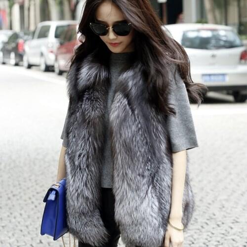 Winter Womens Real Fur Vest The Coat Genuine Natural Fox Fur Full Pelt Waistcoat Female Silver Fox Fur Gilet Pockets