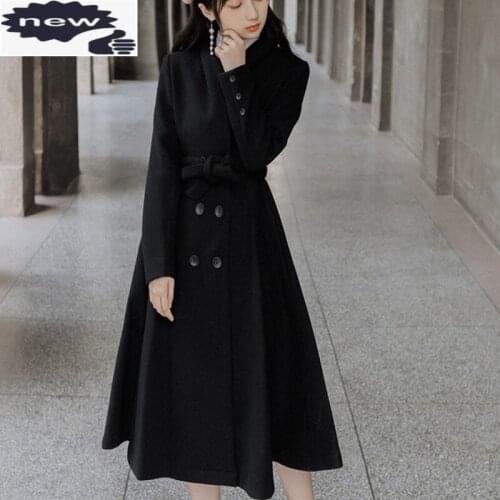 Women Skirt Style Wool Blends Long Coat Double Breasted Sashes Trench Vintage Ladies Classic Autumn Winter Belt Woolen Overcoat