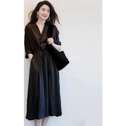 Women Spring and Autumn Long Sleeve Dress Retro Collar Casual High Waist Dresses Summer Adjustable belt Retro Long Dress