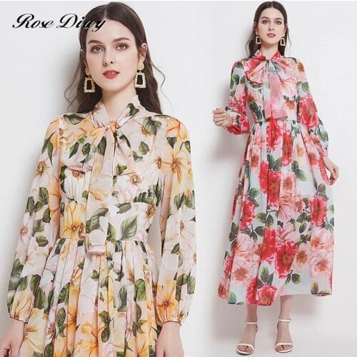 2021 Summer Elegant Yellow Camellia Printed Holiday Long Chiffon Dress Fairy Women Bow Collar Lantern Sleeve Boho Pleated Dress