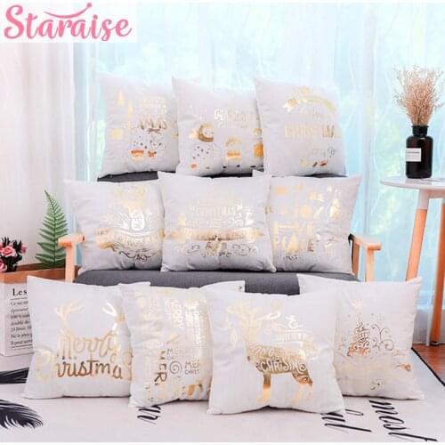 Staraise Gold Bronzing Christmas Cushion Cover Cotton Linen Sofa Home Decorative Cushion cover Happy New Year Pillow Case