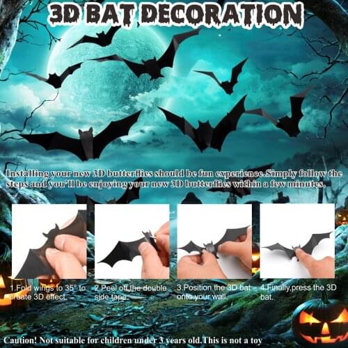 96pcs Halloween Decor 3D Black PVC Bat Spider Halloween Party DIY Decor Bar Room Halloween Party Scary Decos Props Wall Sticker