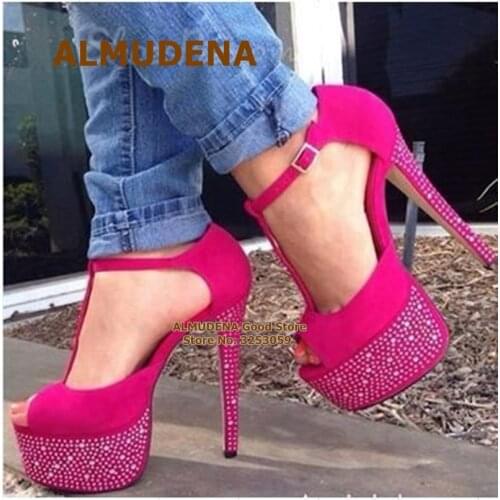 ALMUDENA Fuchsia Suede Patchwork Bling Bling Crystal Shoes Stiletto Heel Glitter Rhinestone Platform Wedding Shoes T-Strap Heels