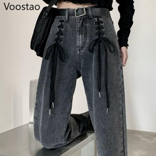 Fashion Gothic High Waist Denim Pants Women Chic Lace-Up Straight Wide Leg Pants Female Harajuku Y2K Jeans Girly Punk Trousers