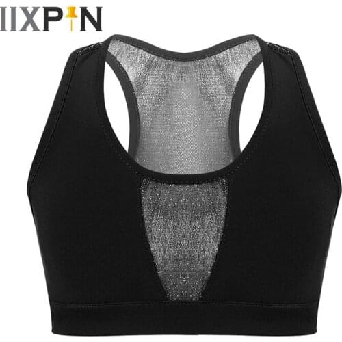 Kids Girls Ballet Dance Costume Crop Top Solid Color Sleeveless Vest Stretchy Mesh Splice Tanks Tops Stage Performance Dancewear