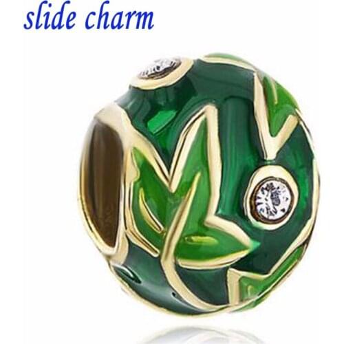 Slide charm Free shipping white crystal green maple leaf green eggs enamel charm beads fit Pandora bracelet