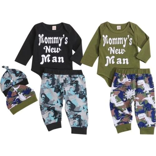 FOCUSNORM Newborn Baby Boys Clothes Sets 3pcs 0-18M Letter Long Sleeve Romper Dinosaur Pants Hats 2 Colors