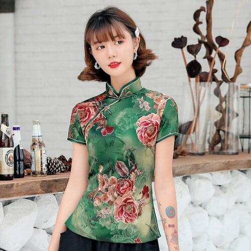 Chinese Traditional Tops Short Sleeve Women Tang Clothing Vintage Buttons Shirt Big Size 5XL Slim Classic Printed Flower Blouse