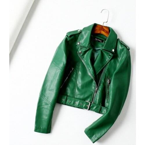 Korean Green Slim Short Faux PU Leather Jacket Fashion Removable Half Belt Women Lapel Long-sleeve Moto Biker Jacket Streetwear