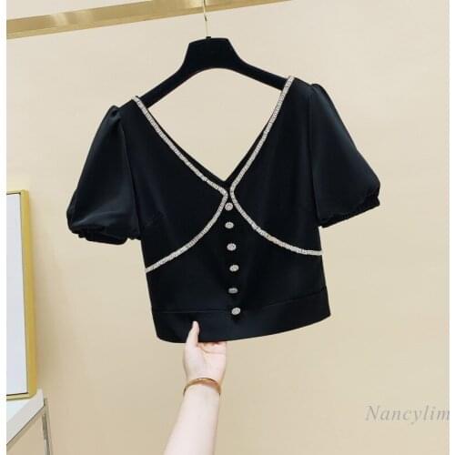 Crop Top Women New V-neck Diamond Chiffon Blouse 2021 Summer Ladys Slim Fit Puff Sleeve Top Fashion Blusas White Black