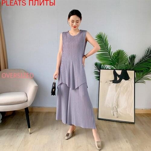 Miyake Pleated Suit High-grade Gray Straight Cropped Trousers + Sleeveless Large Hem Long Top Autumn New Style PLEATS Two-piece