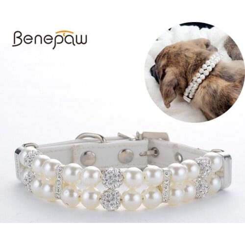 Benepaw Fashion Pearl Dog Collar Elegant Crystal Rhinestone PU Leather Adjustable Strap Pet Collar For Wedding Birthday Party