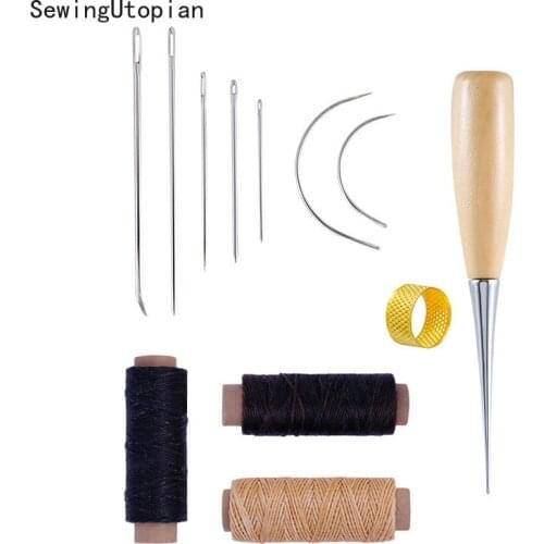 12PCS Leathercraft Tool Set Needle Leather Waxed Thread Cord Drilling Awl and Thimble for Leather Repair Leather Working Tools