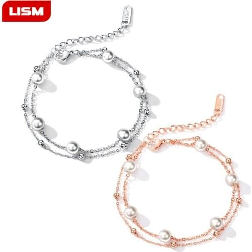 Stainless Steel Simulated Pearl Charm Bracelet Double Chain Bracelets & Bangles Rose Gold Color Elegant Pearl Beads Jewelry