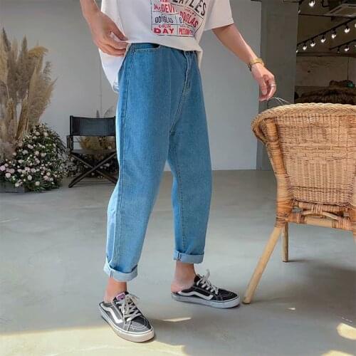 Wholesale 2020 Summer Hong Kong style jeans mens Korean loose straight Denim pants mens retro wide leg ankle length jeans men