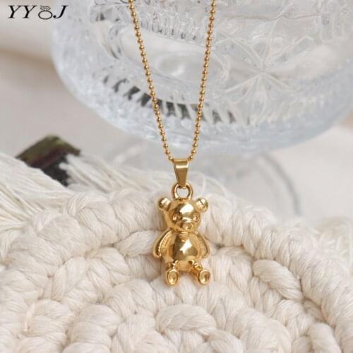 Gold Bear pendant sweater necklace for women stainless steel cute kawaii y2k korean style necklace for teen girls fashion 2021