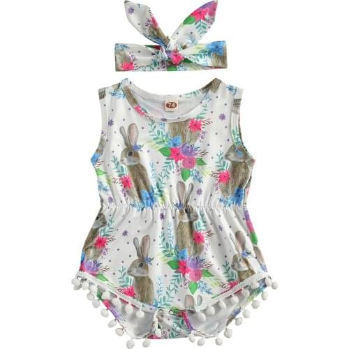 Baby Girls Easter Outfits Cute Rabbit Floral Print Sleeveless Romper with Headband 2Pcs Clothes Set