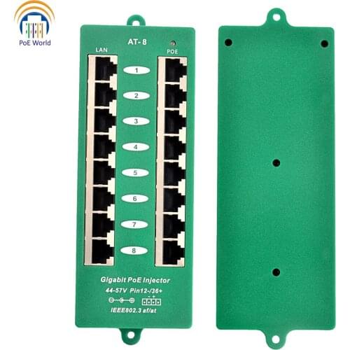 POE World AT-8 Gigabit PoE Injector Active 802.3at Standard Power over Ethernet 8 port PoE injector for Hikvision Cameras