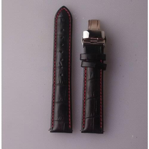 20mm 22mm Watchband Men High quality Genuine Leather Croco Grain Watch Band Straps Black With Red Line Stitched Promotion buckle