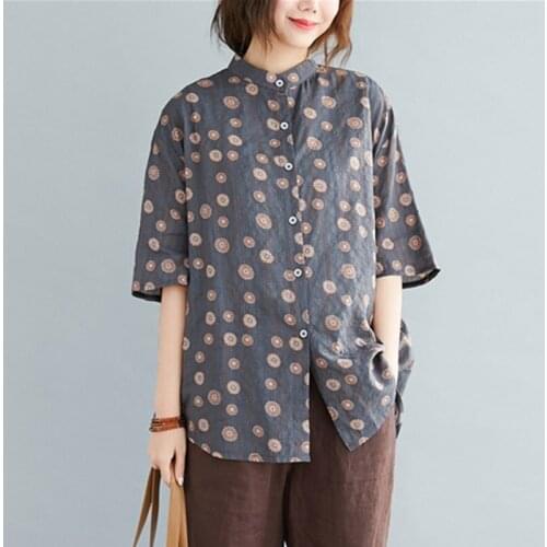 Oversized Blouse Cotton Linen Tops Blusas Mujer Spring 2021 Summer Stand Collar Polka Dot Print Loose Irregular Shirts Cardigans