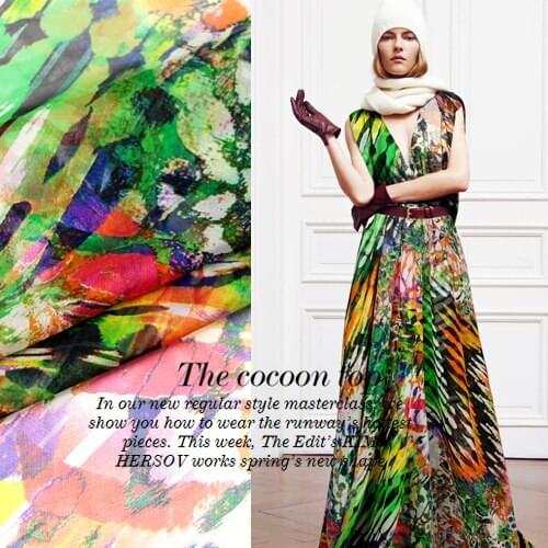 135cm wide 6mm green print thin silk chiffon fabric for shirt clothes one-piece dress