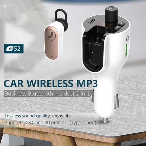 Universal G52 2 in 1 Car Bluetooth 5.0 Music Player MP3/WMA Headset FM Transmitter USB QC3.0 Fast Charger for Type-C and tablets