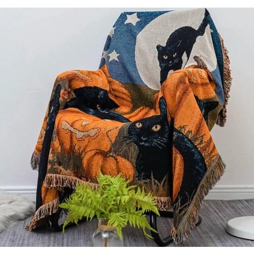 Halloween Black Cat Knitted Blanket For Beds Sofa Towel Full Cover Sofa Blankets Autumn Winter Picnic Mat Throw Tapestry Tassel